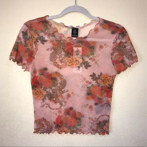 ’90S PINK ORANGE MESH LETTUCE EDGE BABY TEE TOP